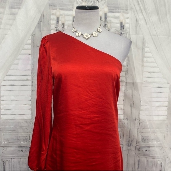 Skies Are Blue Medium One Shoulder Long Sleeve Solid Red Dress Satin Midi Slit - Picture 2 of 12